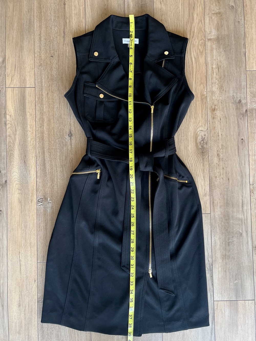 Calvin Klein Black Sleeveless Moto Dress with Gold Zippers and Branded Hardware - Picture 3 of 10